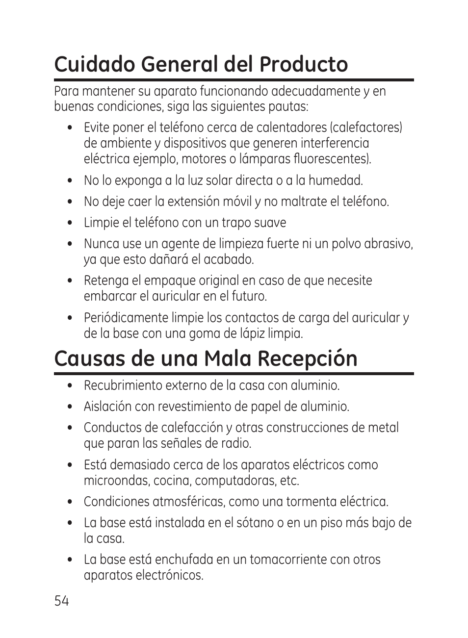 Cuidado general del producto, Causas de una mala recepción | GE 27951 User Manual | Page 114 / 120