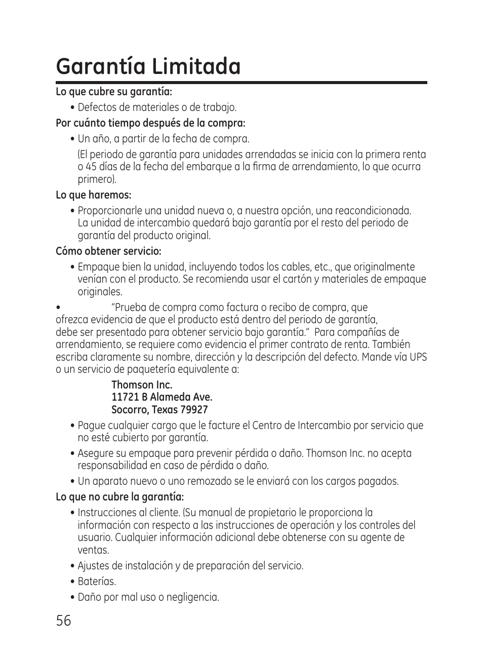 Garantía limitada | GE 27951 User Manual | Page 116 / 120