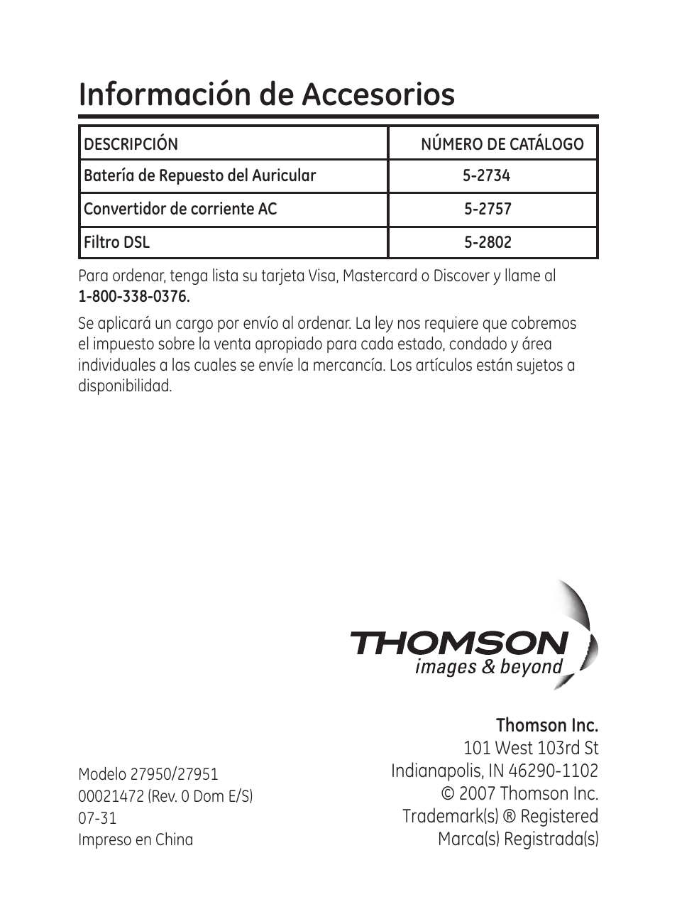 Información de accesorios | GE 27951 User Manual | Page 120 / 120