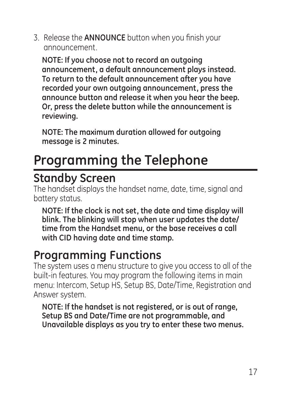 Programming the telephone, Standby screen, Programming functions | GE 27951 User Manual | Page 17 / 120