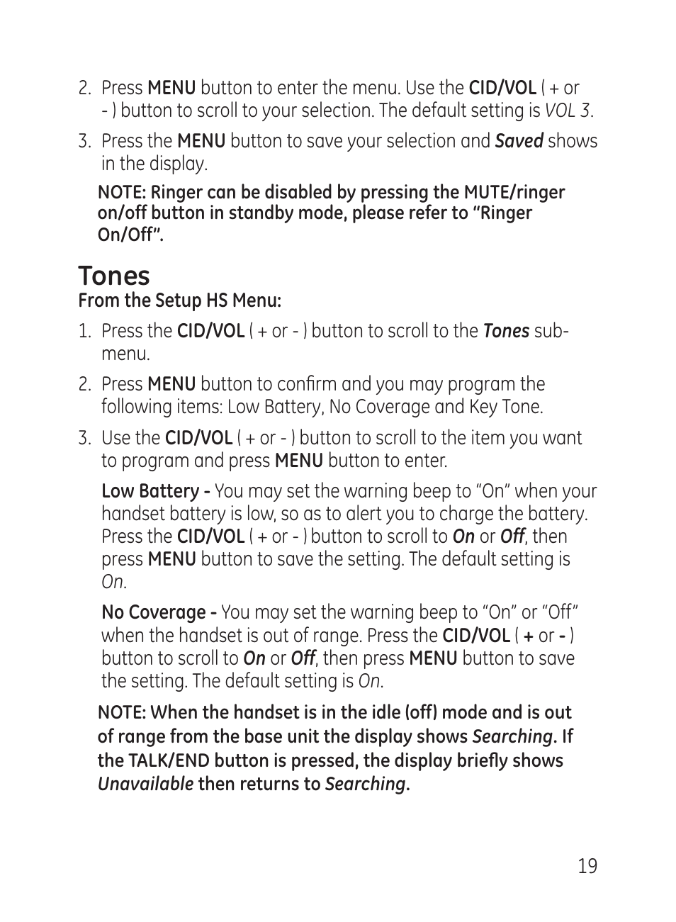 Tones | GE 27951 User Manual | Page 19 / 120