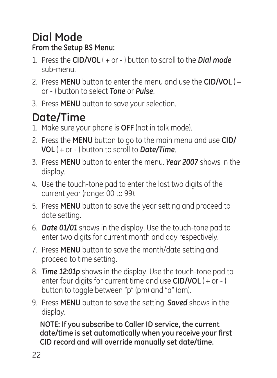 Dial mode, Date/time | GE 27951 User Manual | Page 22 / 120