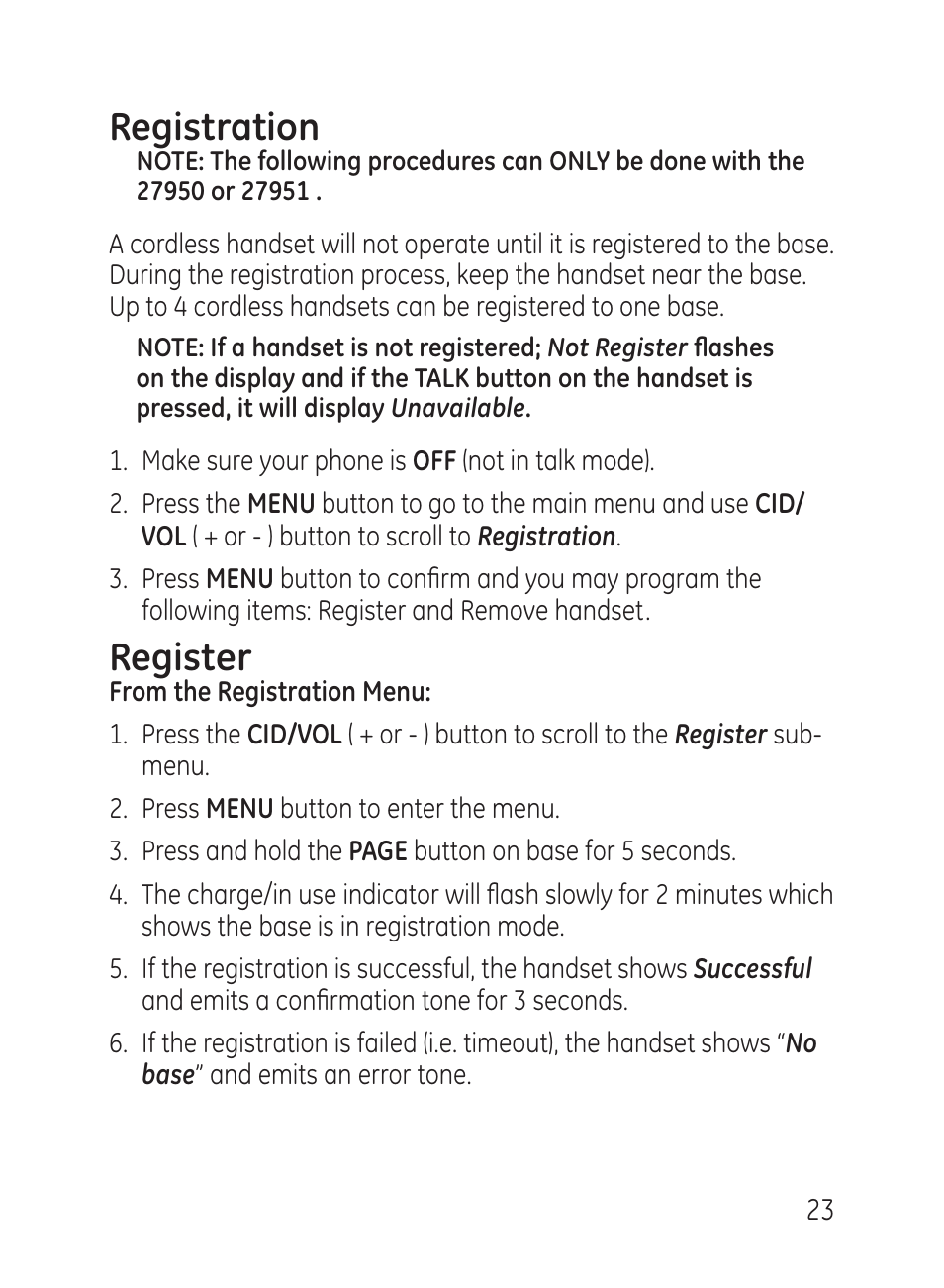 Registration, Register | GE 27951 User Manual | Page 23 / 120