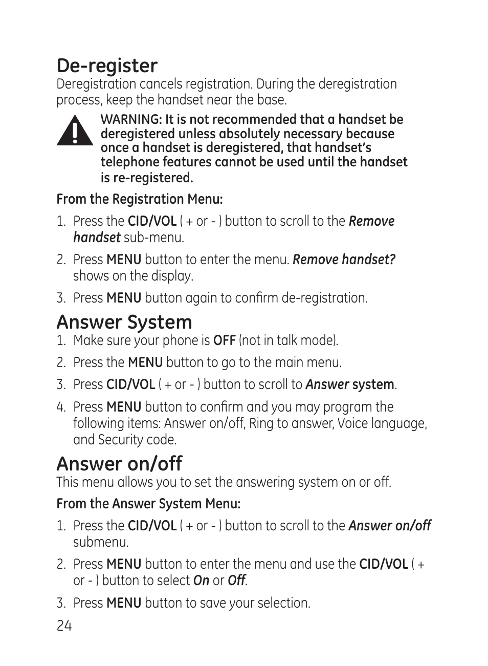 De-register, Answer system, Answer on/off | GE 27951 User Manual | Page 24 / 120