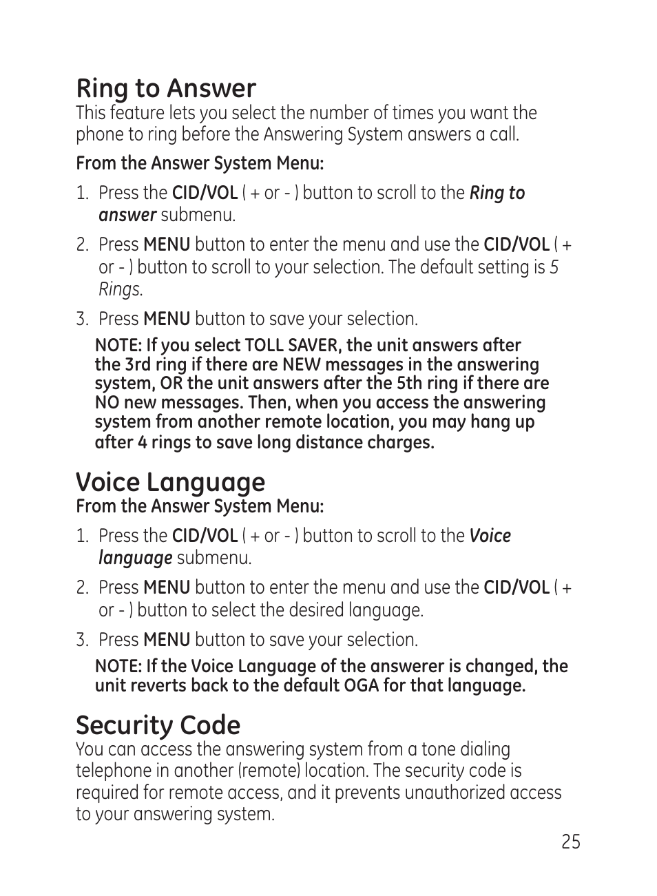 Ring to answer, Voice language, Security code | GE 27951 User Manual | Page 25 / 120