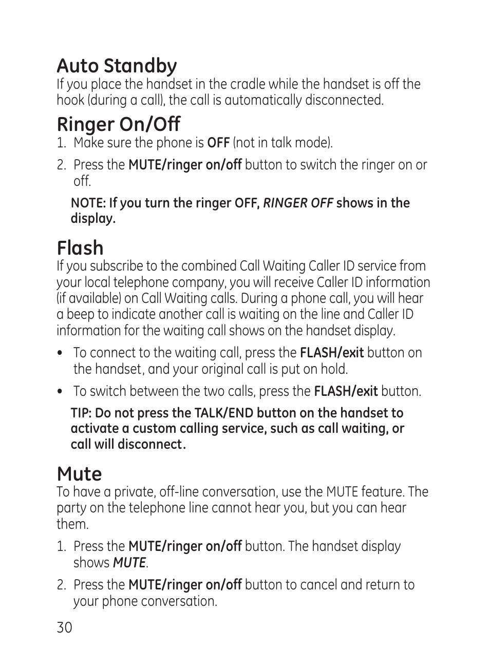 Auto standby, Ringer on/off, Flash | Mute | GE 27951 User Manual | Page 30 / 120