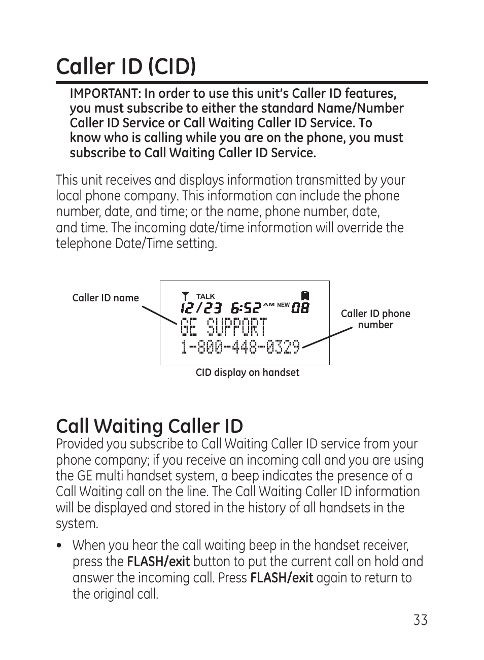 Caller id (cid), Call waiting caller id | GE 27951 User Manual | Page 33 / 120