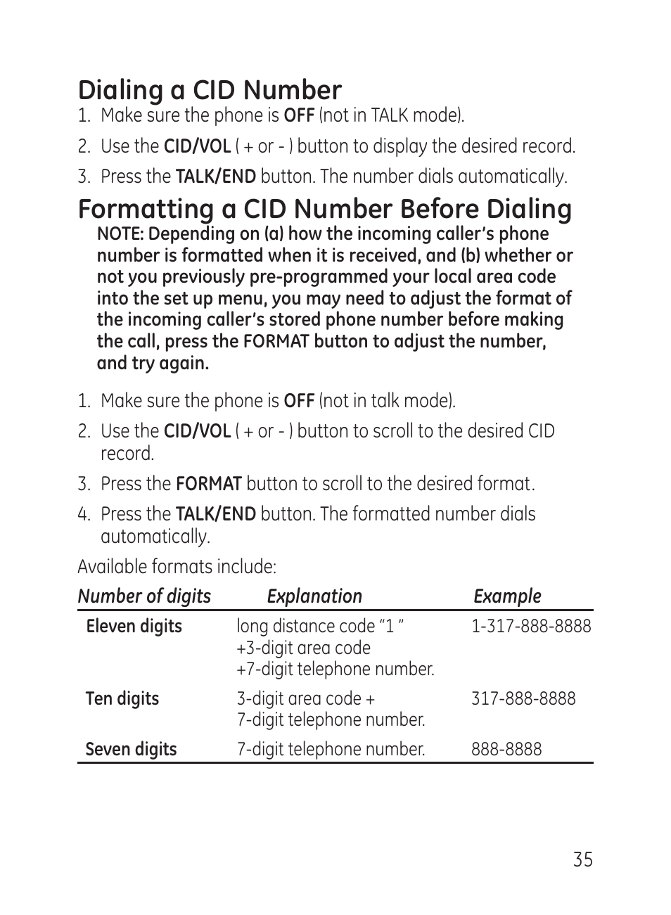 Dialing a cid number, Formatting a cid number before dialing | GE 27951 User Manual | Page 35 / 120