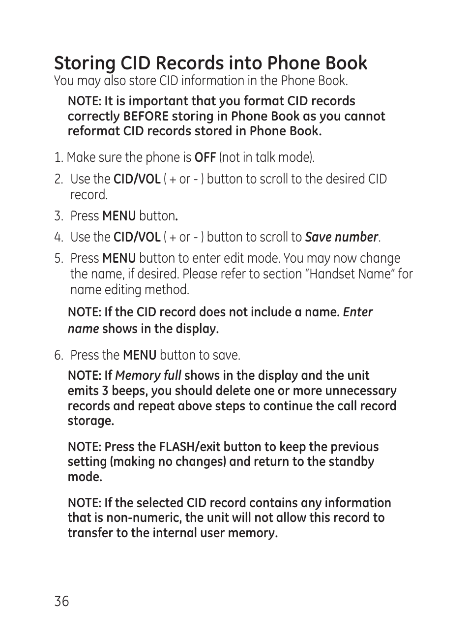 Storing cid records into phone book | GE 27951 User Manual | Page 36 / 120