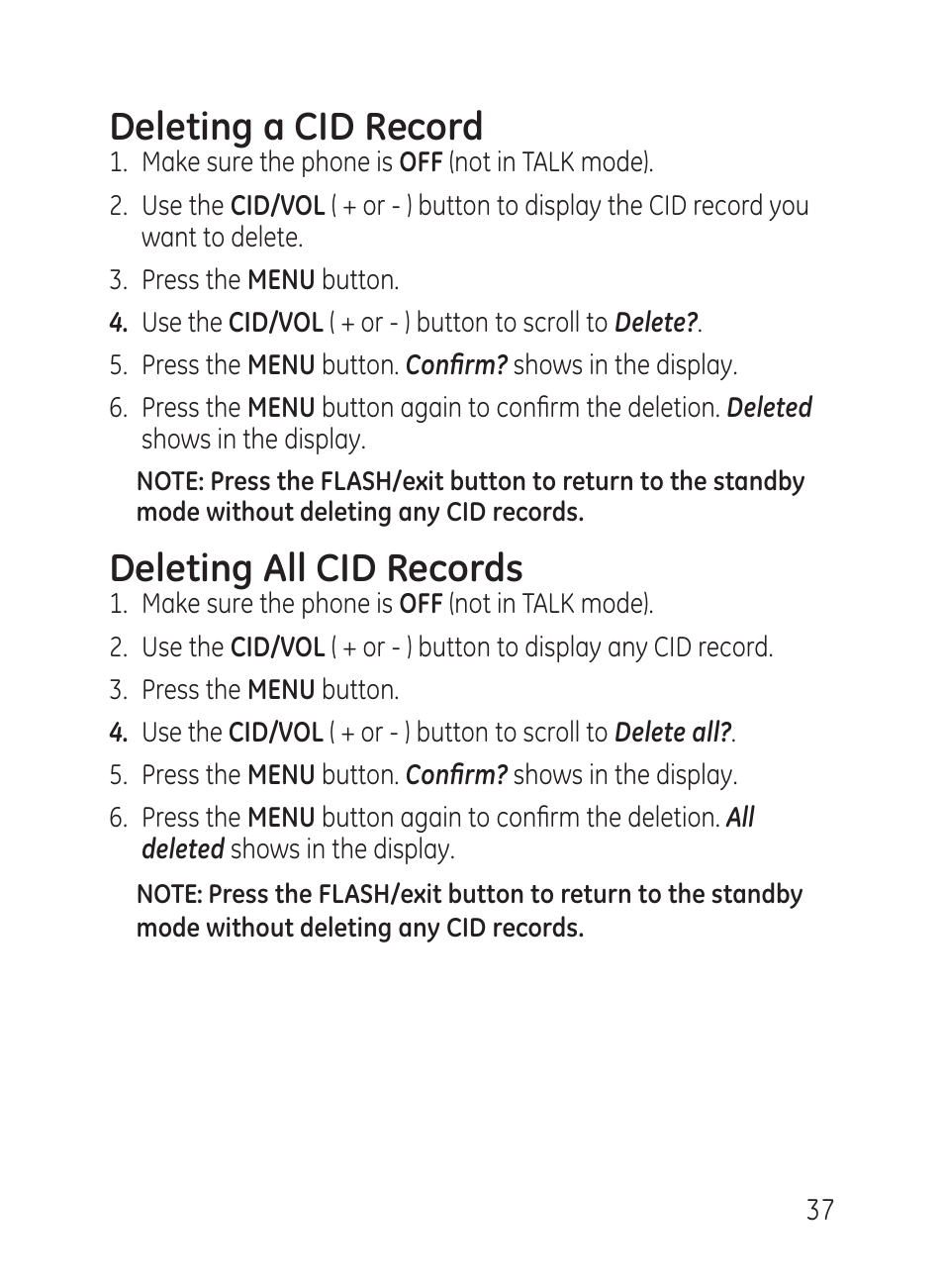 Deleting a cid record, Deleting all cid records | GE 27951 User Manual | Page 37 / 120