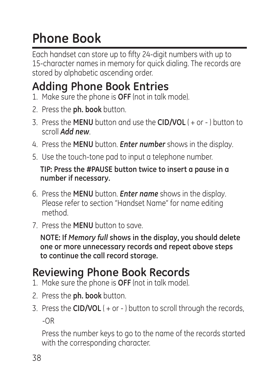 Phone book, Adding phone book entries, Reviewing phone book records | GE 27951 User Manual | Page 38 / 120