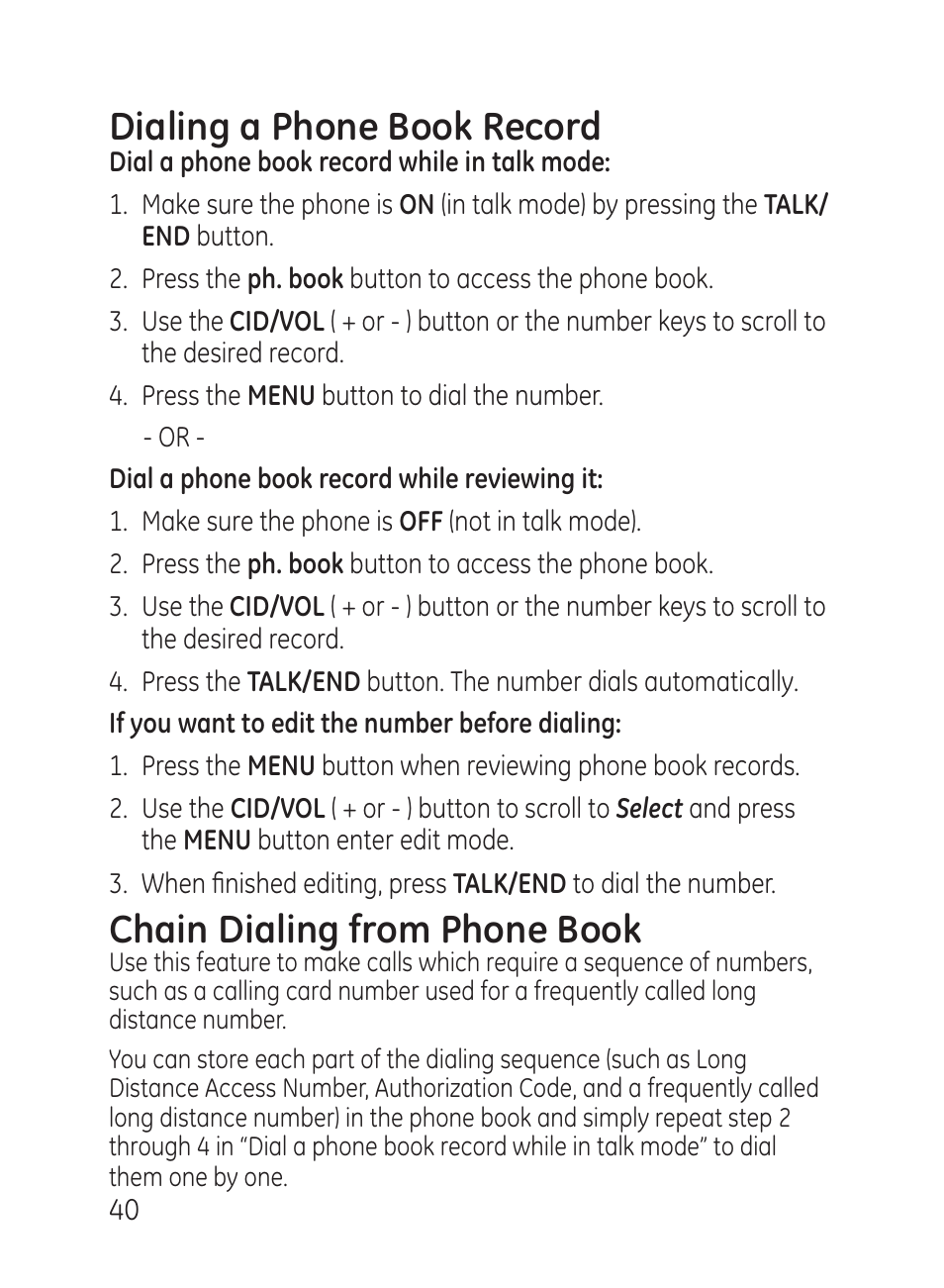 Dialing a phone book record, Chain dialing from phone book | GE 27951 User Manual | Page 40 / 120