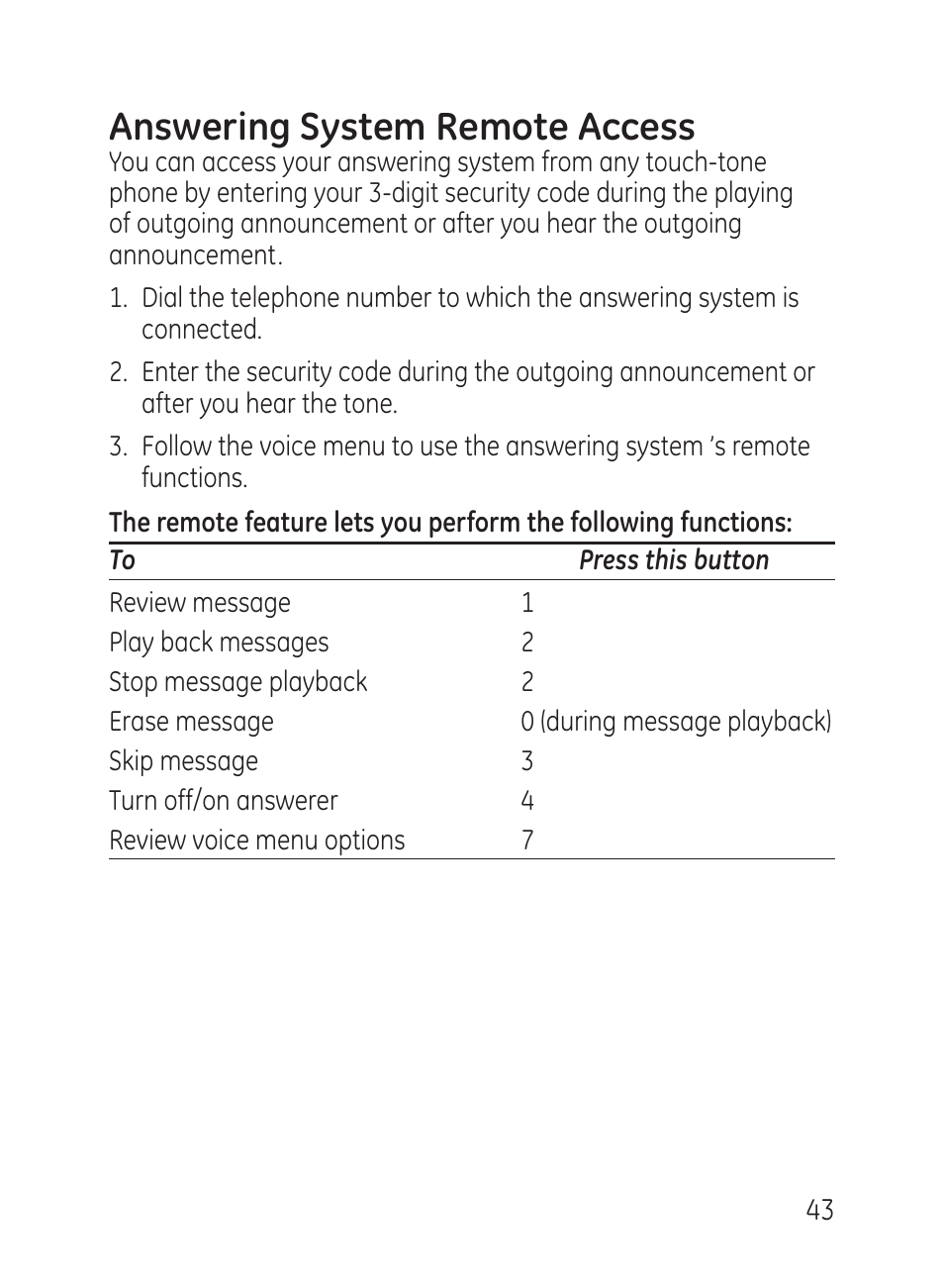 Answering system remote access | GE 27951 User Manual | Page 43 / 120