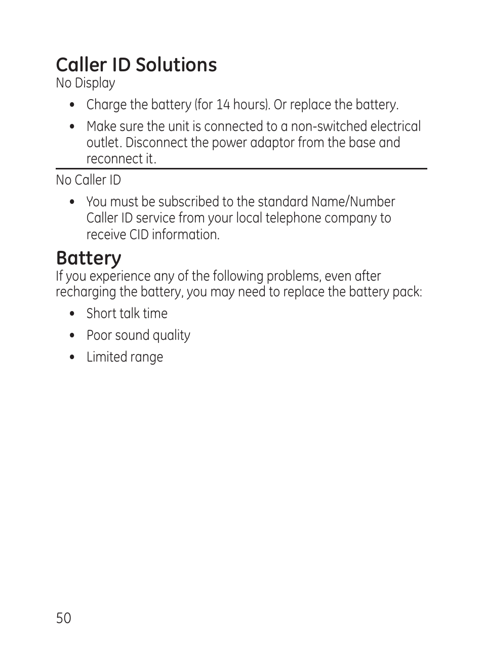 Caller id solutions, Battery | GE 27951 User Manual | Page 50 / 120