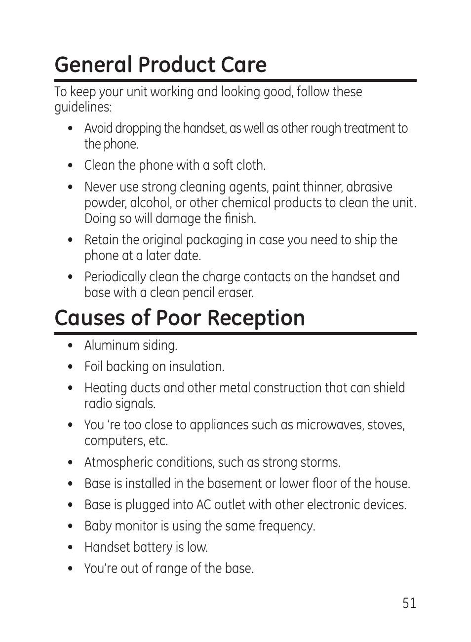 General product care, Causes of poor reception | GE 27951 User Manual | Page 51 / 120