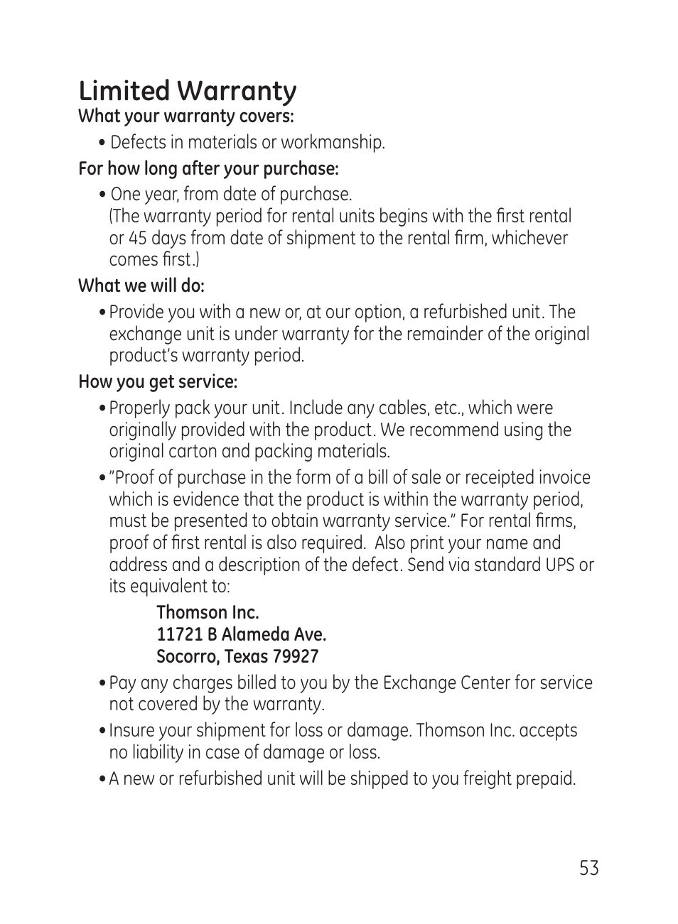 Limited warranty | GE 27951 User Manual | Page 53 / 120