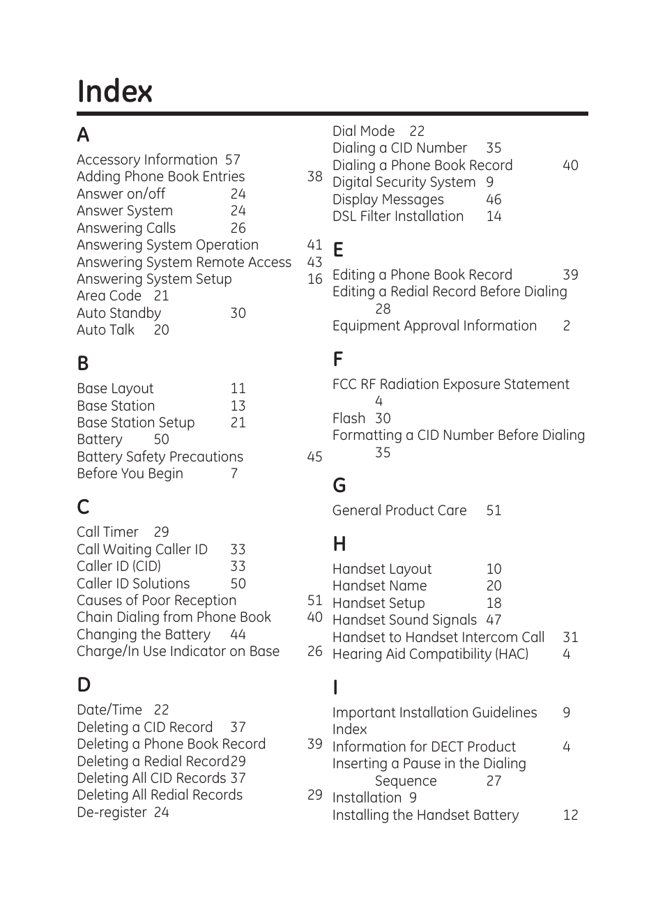 Index | GE 27951 User Manual | Page 58 / 120