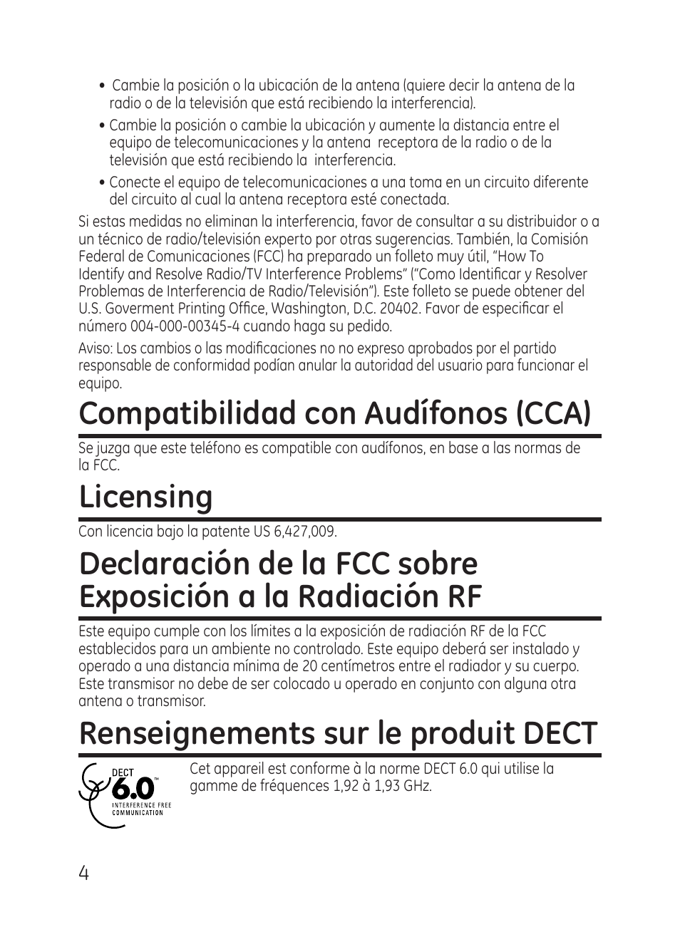 Compatibilidad con audífonos (cca), Licensing, Renseignements sur le produit dect | GE 27951 User Manual | Page 64 / 120