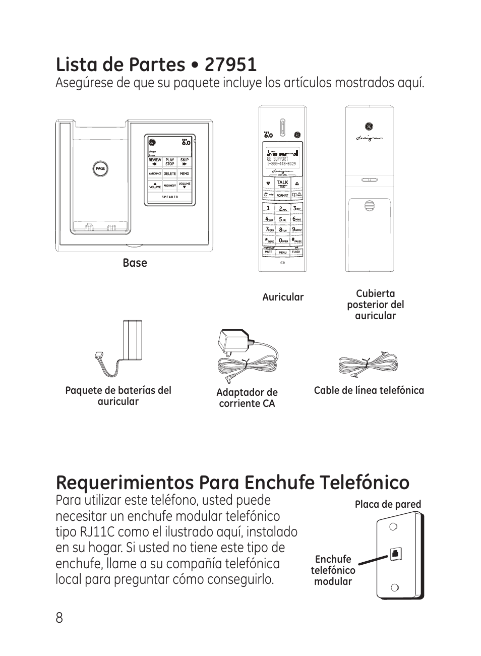 Requerimientos para enchufe telefónico | GE 27951 User Manual | Page 68 / 120