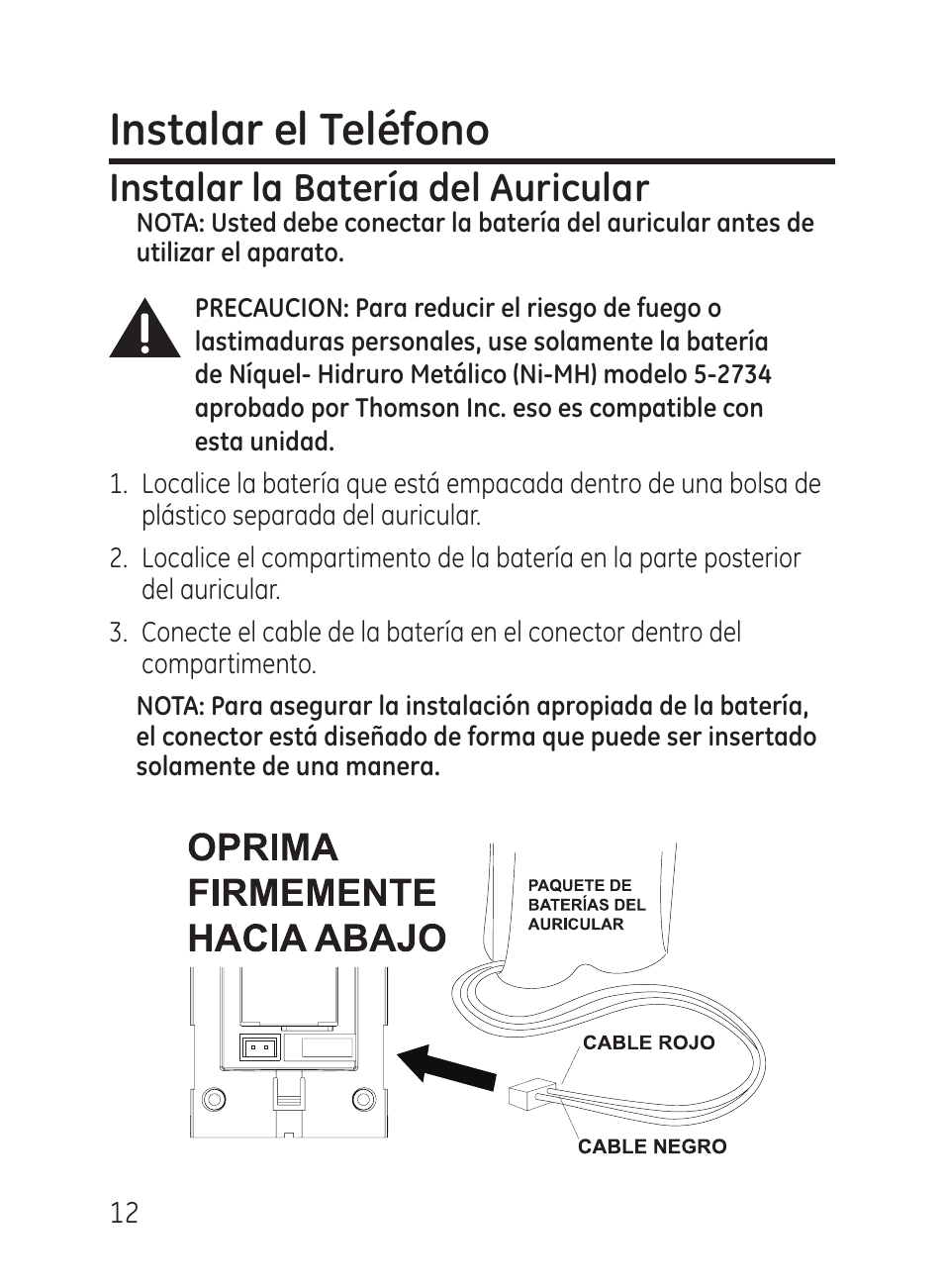 Instalar el teléfono, Instalar la batería del auricular | GE 27951 User Manual | Page 72 / 120