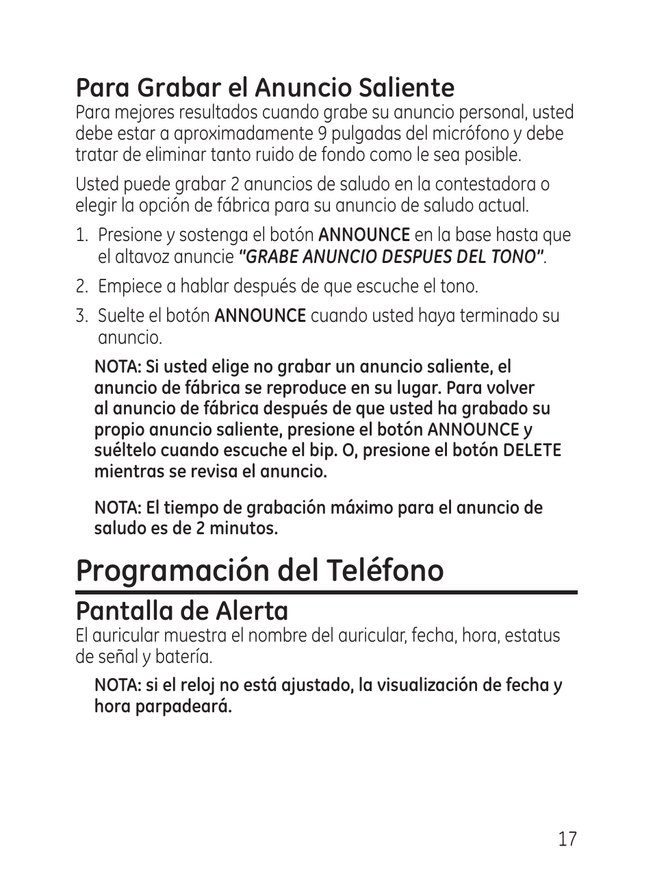 Programación del teléfono, Para grabar el anuncio saliente, Pantalla de alerta | GE 27951 User Manual | Page 77 / 120