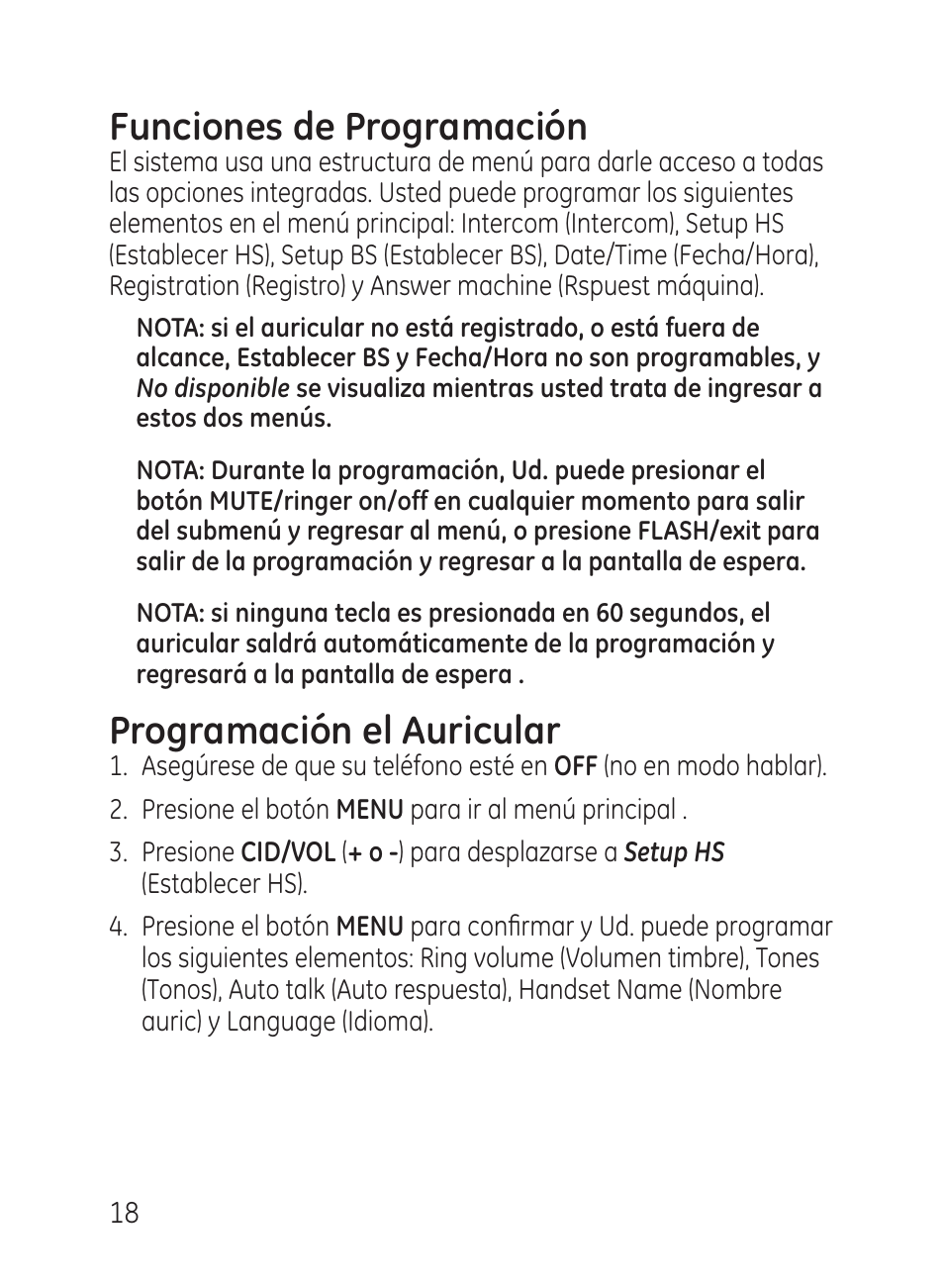 Funciones de programación, Programación el auricular | GE 27951 User Manual | Page 78 / 120