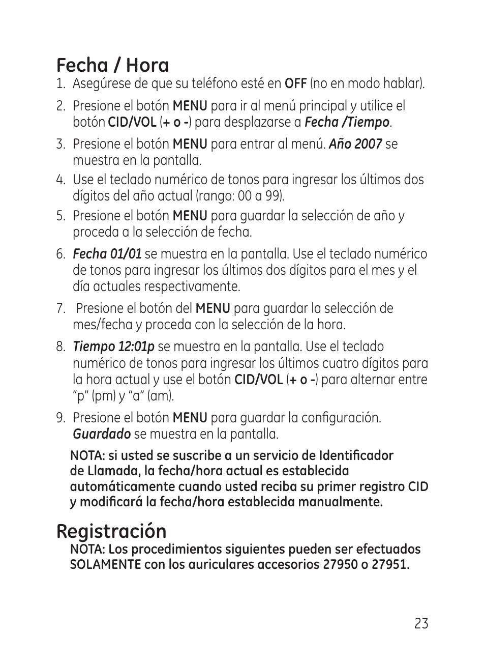 Fecha / hora, Registración | GE 27951 User Manual | Page 83 / 120