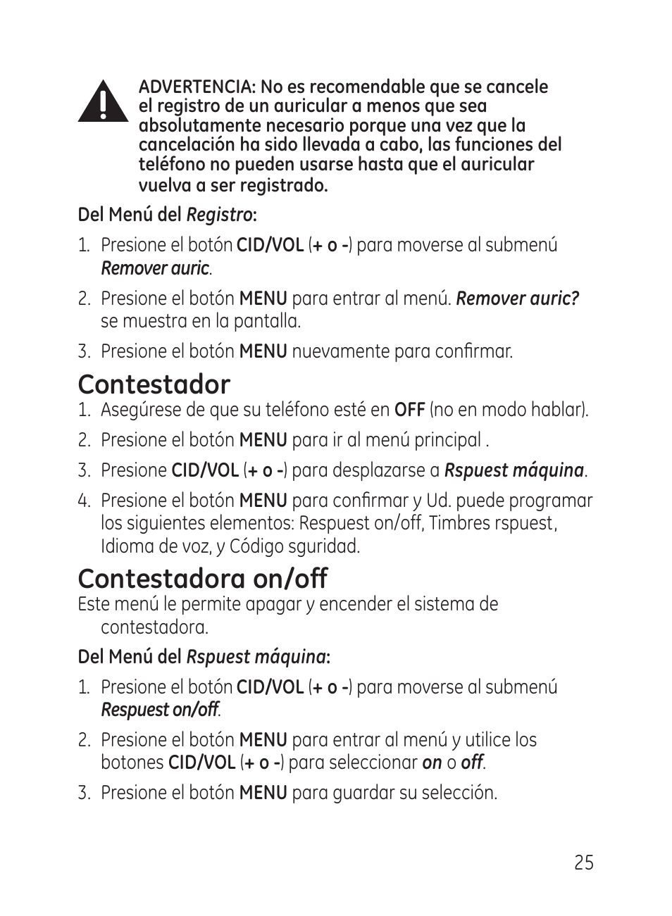 Contestador, Contestadora on/off | GE 27951 User Manual | Page 85 / 120