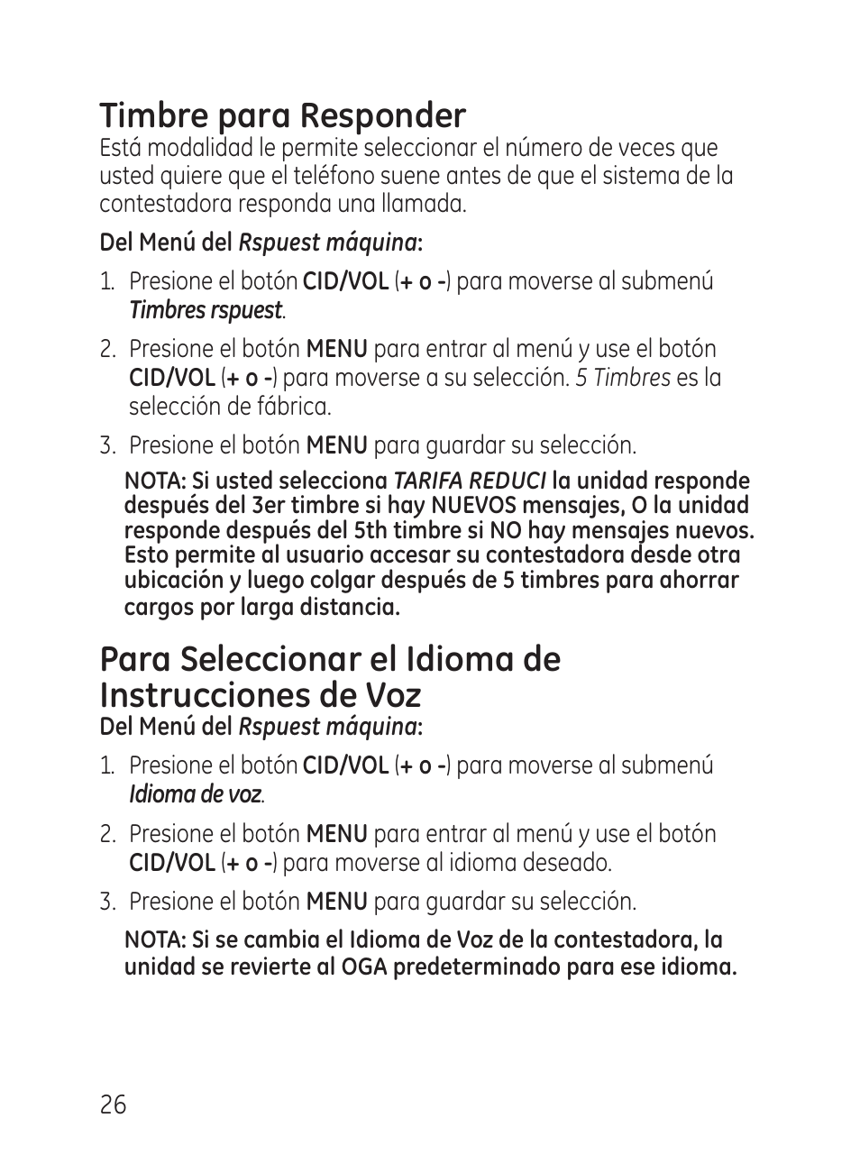 Timbre para responder, Para seleccionar el idioma de instrucciones de voz | GE 27951 User Manual | Page 86 / 120