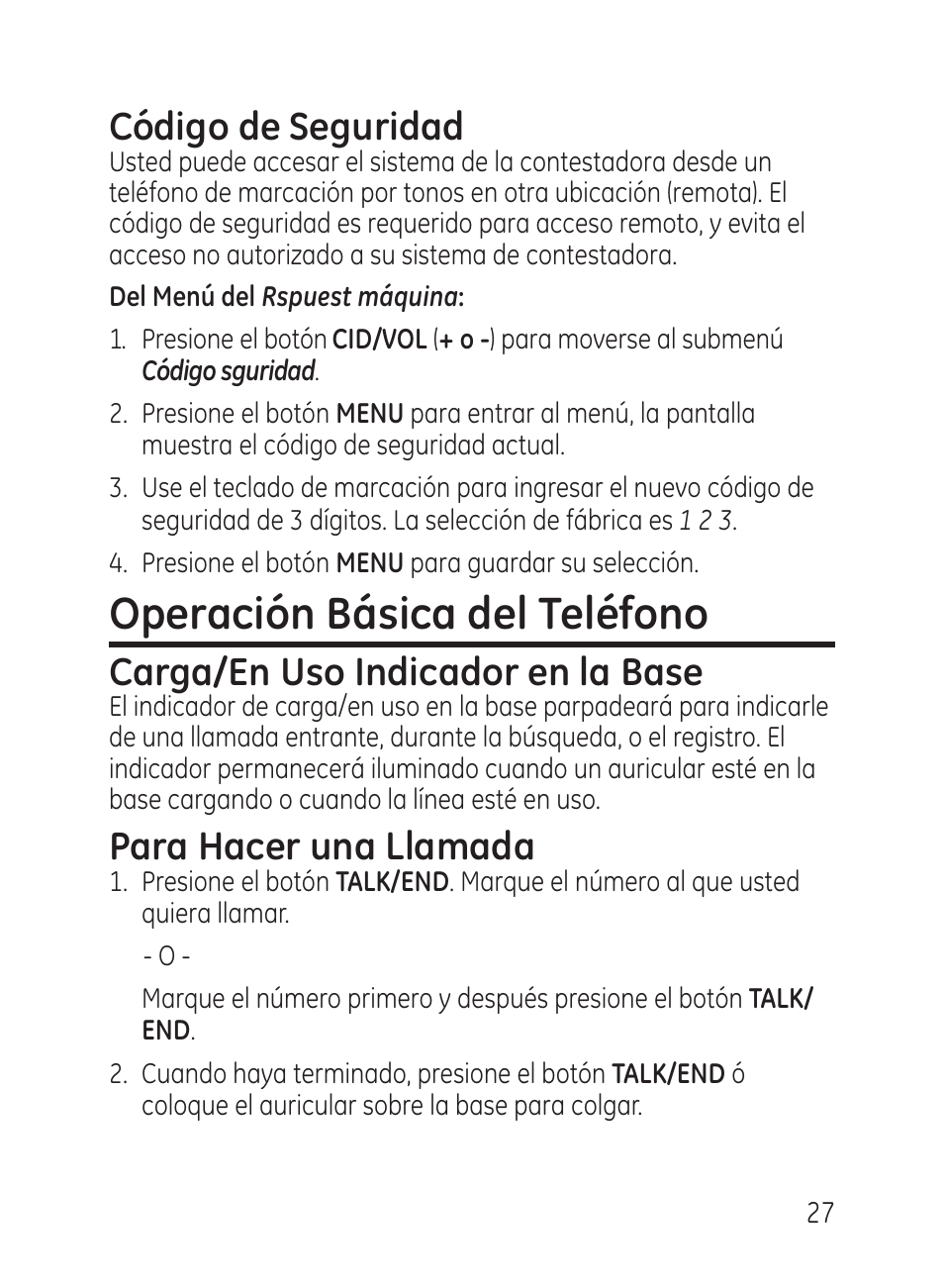 Operación básica del teléfono, Código de seguridad, Carga/en uso indicador en la base | Para hacer una llamada | GE 27951 User Manual | Page 87 / 120