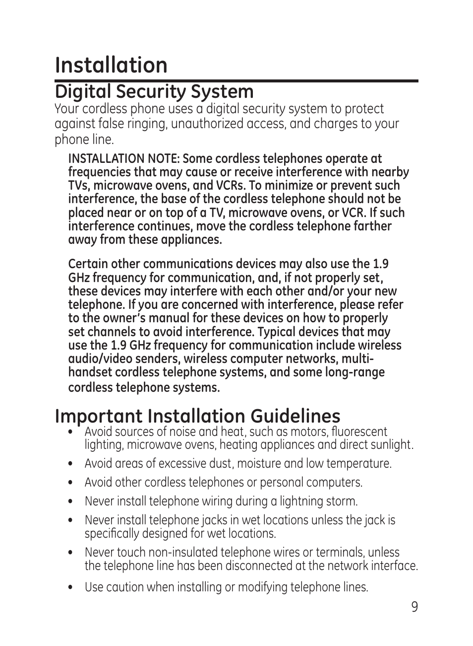 Installation, Digital security system, Important installation guidelines | GE 27951 User Manual | Page 9 / 120