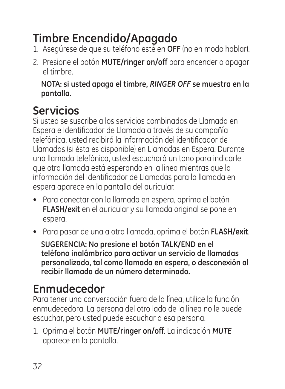 Timbre encendido/apagado, Servicios, Enmudecedor | GE 27951 User Manual | Page 92 / 120