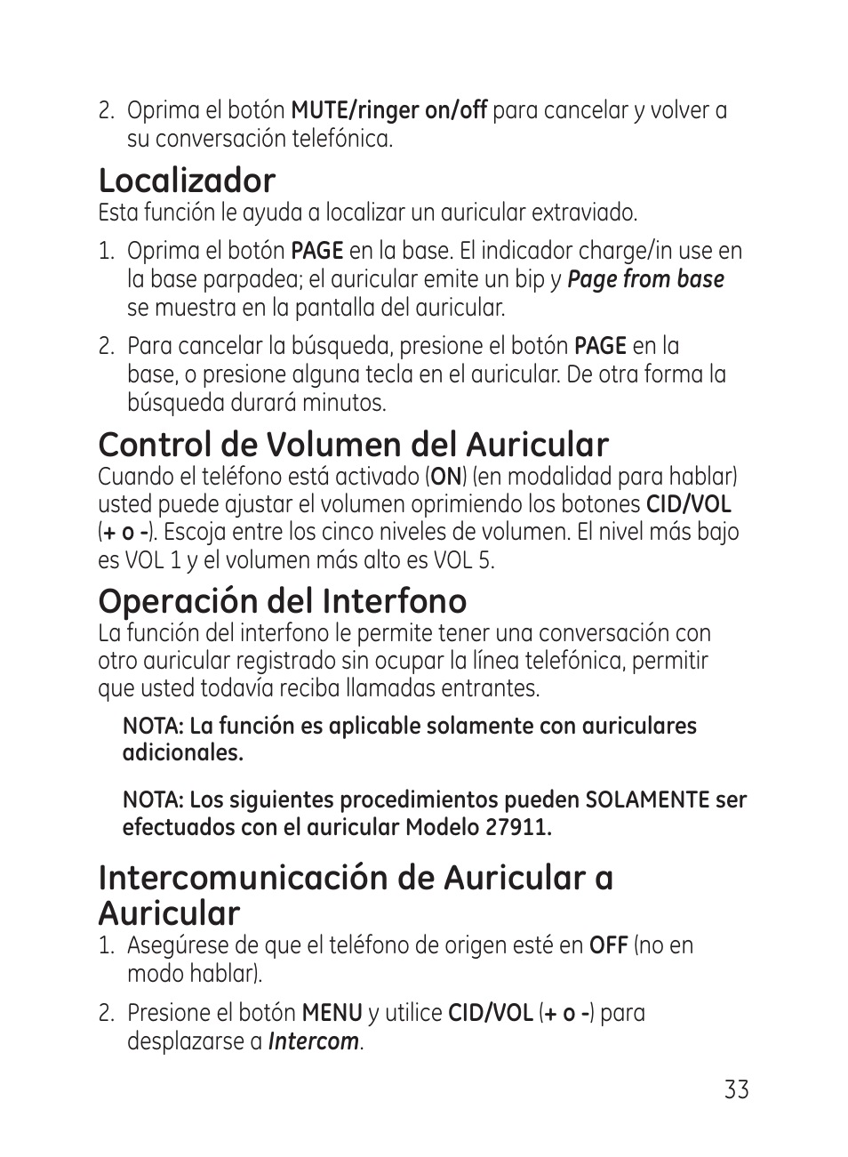 Localizador, Control de volumen del auricular, Operación del interfono | Intercomunicación de auricular a auricular | GE 27951 User Manual | Page 93 / 120