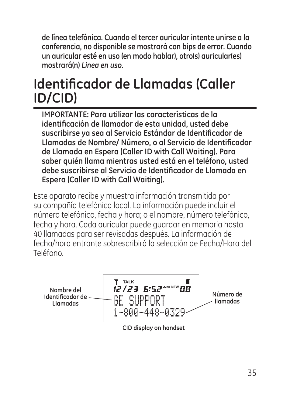 Identificador de llamadas (caller id/cid) | GE 27951 User Manual | Page 95 / 120