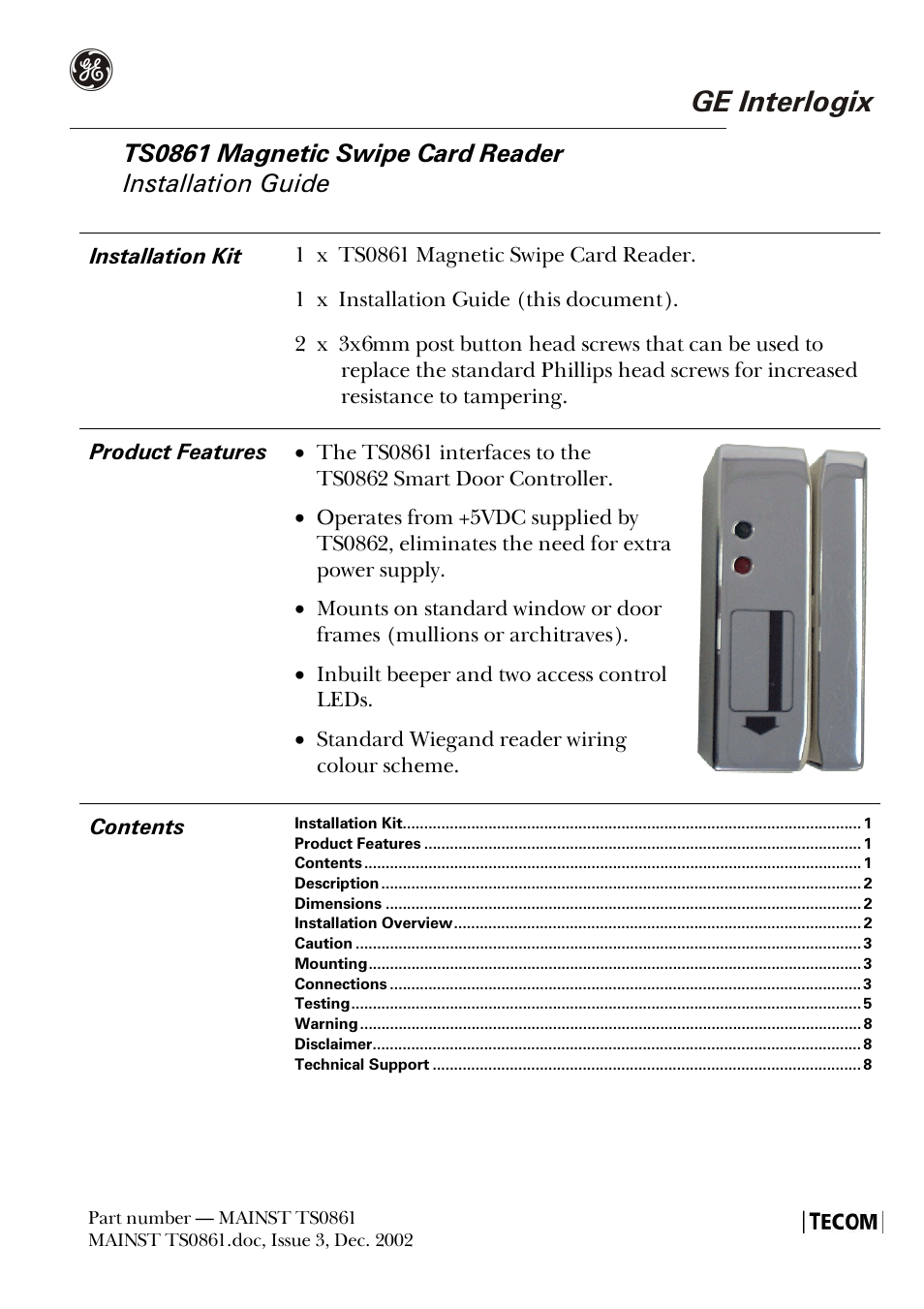 GE Magnetic Swipe Card Reader TS0861 User Manual | 8 pages