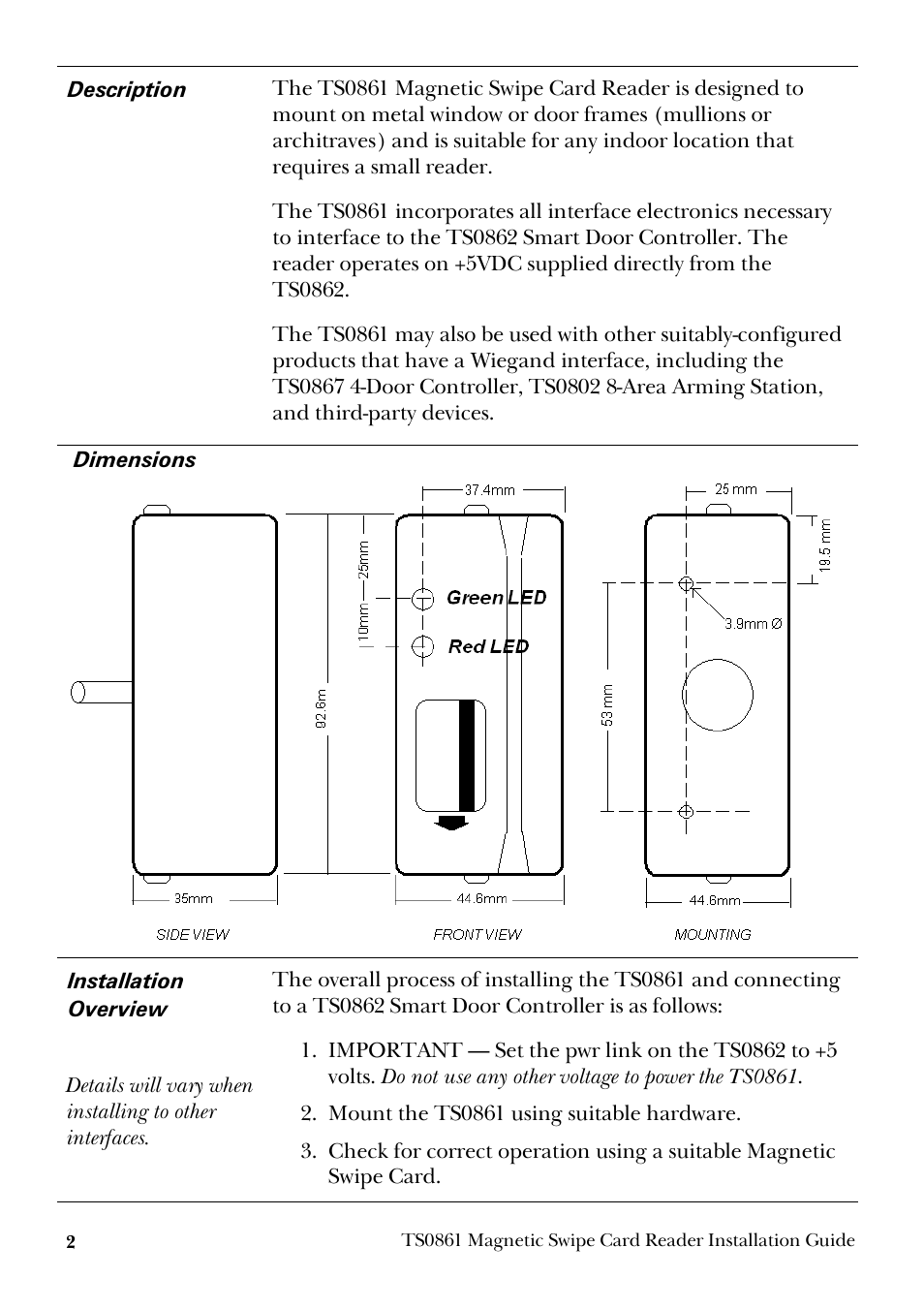 Description, Dimensions, Installation overview | Description dimensions | GE Magnetic Swipe Card Reader TS0861 User Manual | Page 2 / 8