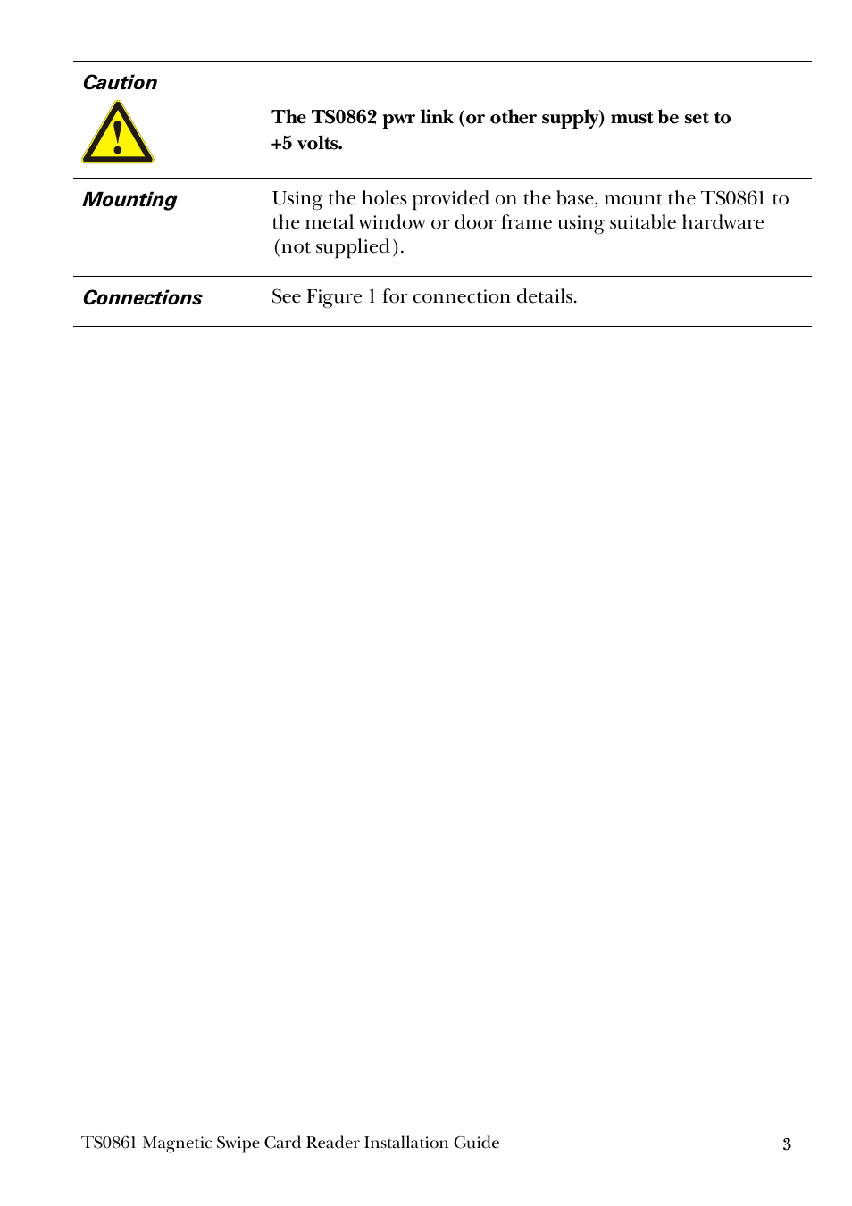 Caution, Mounting, Connections | Mounting connections | GE Magnetic Swipe Card Reader TS0861 User Manual | Page 3 / 8