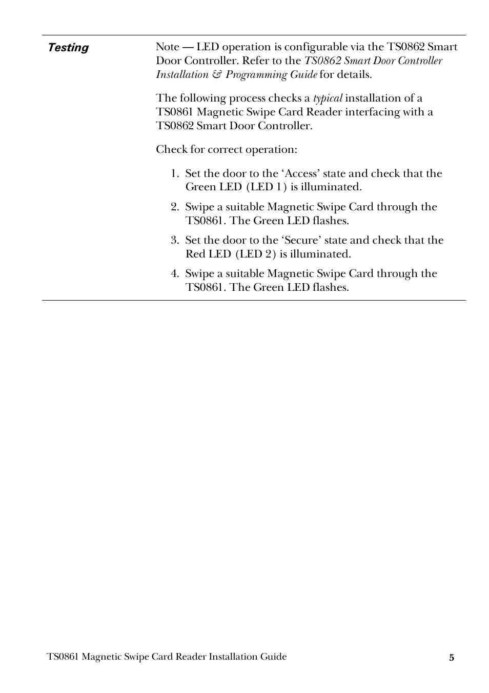 Testing | GE Magnetic Swipe Card Reader TS0861 User Manual | Page 5 / 8