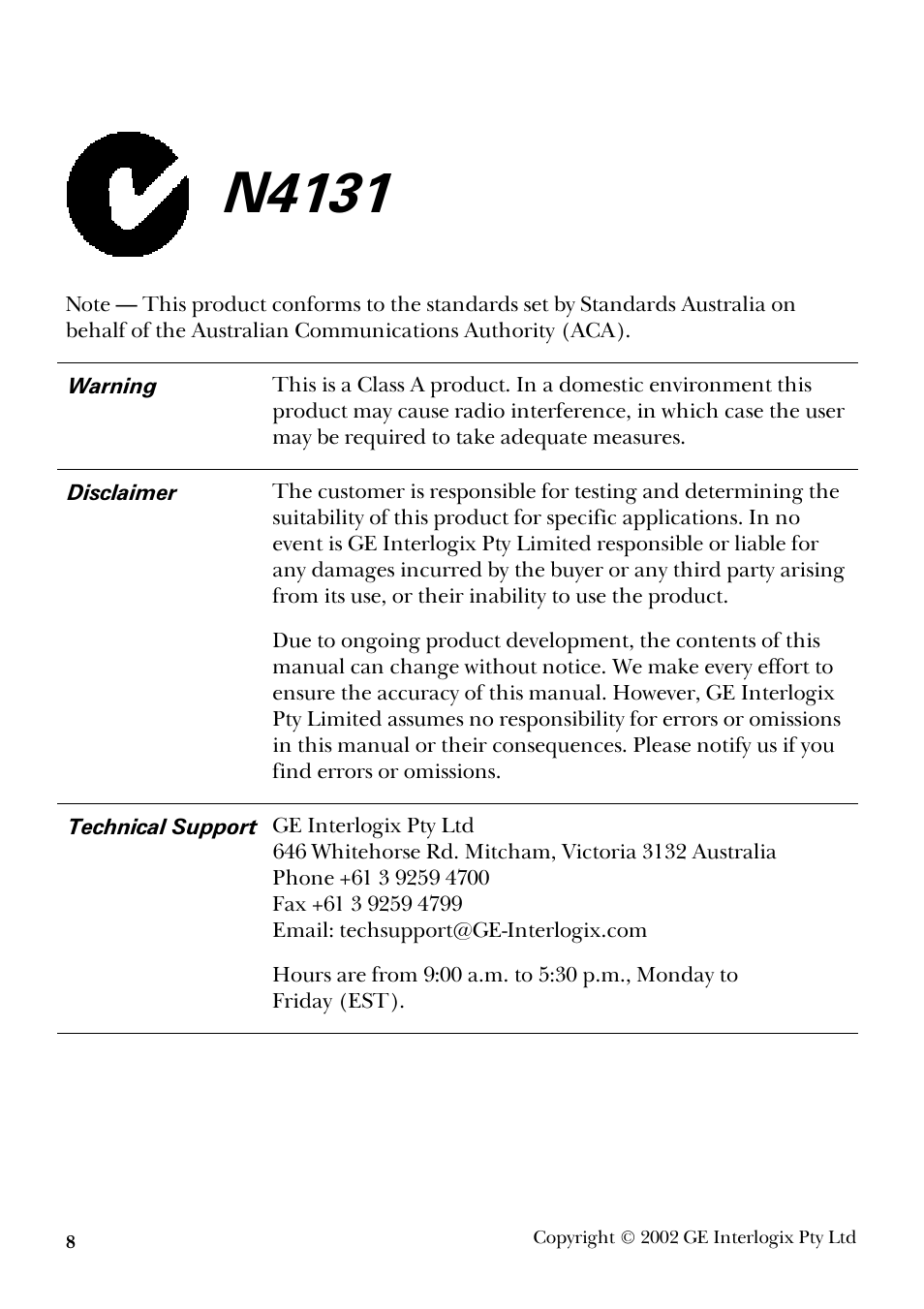 Warning, Disclaimer, Technical support | Disclaimer technical support, N4131 | GE Magnetic Swipe Card Reader TS0861 User Manual | Page 8 / 8