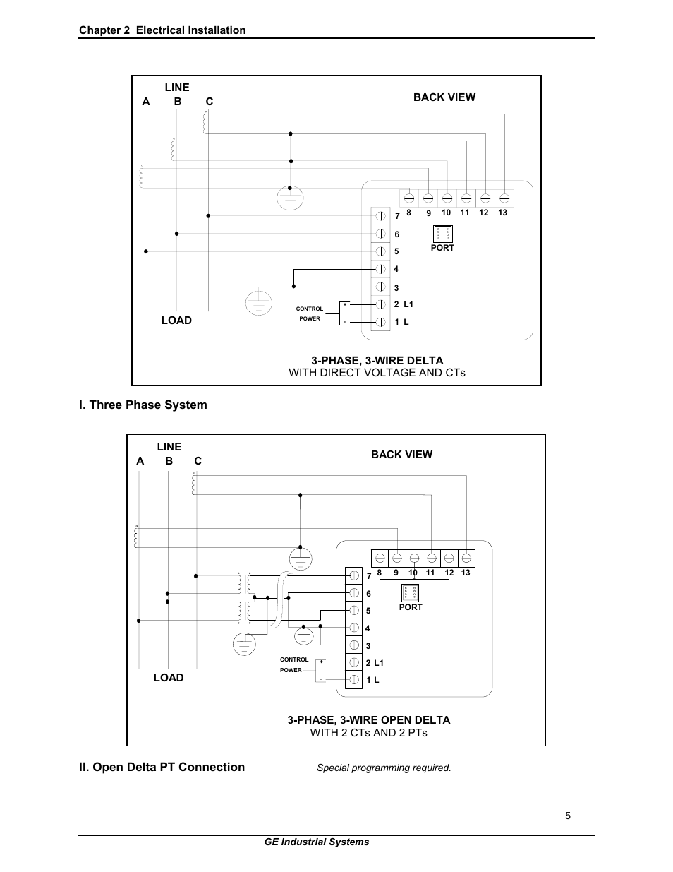 I. three phase system, Ii. open delta pt connection | GE EPM 3000P User Manual | Page 10 / 46