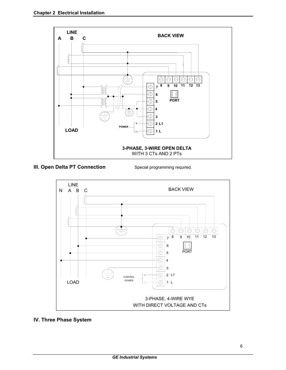 Iii. open delta pt connection, Iv. three phase system | GE EPM 3000P User Manual | Page 11 / 46