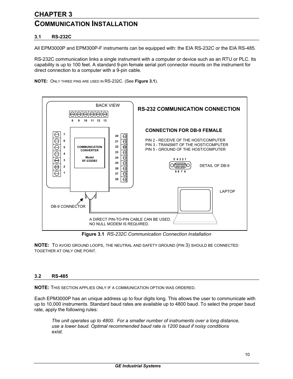 Chapter 3, Ommunication, Nstallation | Rs-232 communication connection | GE EPM 3000P User Manual | Page 15 / 46