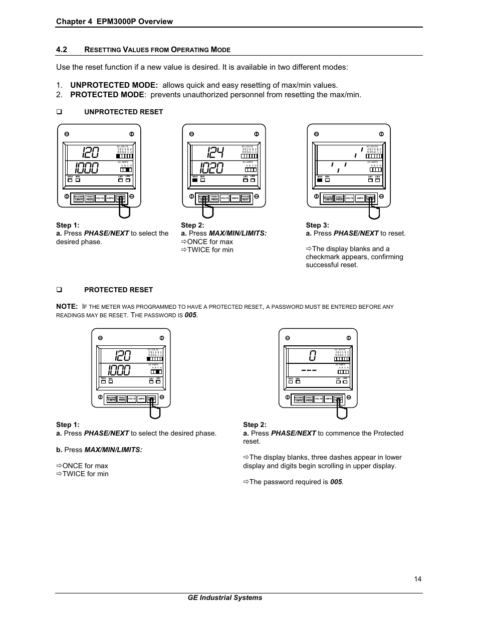 Unprotected reset, Ge industrial systems 14 | GE EPM 3000P User Manual | Page 19 / 46