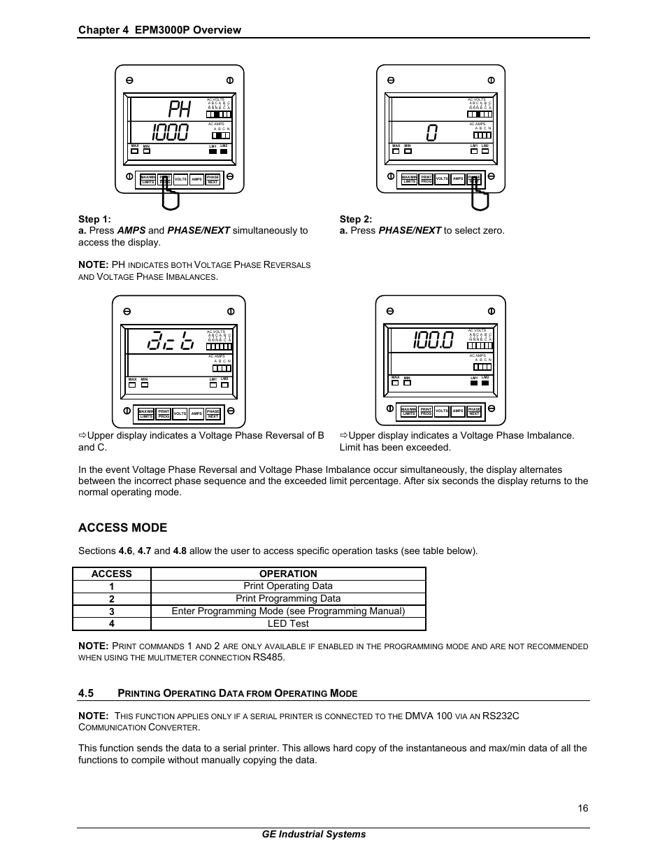I000 ph, I00.0, Access mode | Step 2: a. press phase/next to select zero, Rs485, Dmva 100, Rs232c c, Ge industrial systems 16 | GE EPM 3000P User Manual | Page 21 / 46