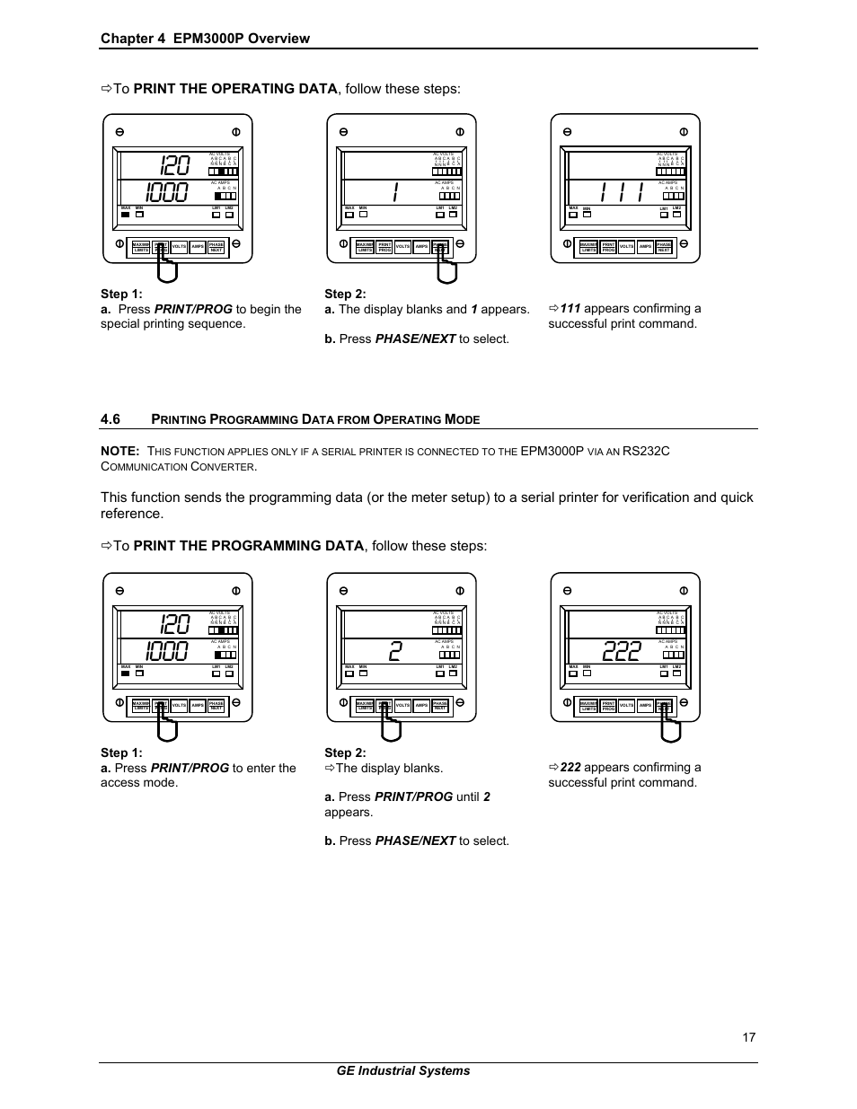 I i i, Ö to print the operating data , follow these steps, Epm3000p | Rs232c c, Ge industrial systems 17, Rinting, Rogramming, Ata from, Perating | GE EPM 3000P User Manual | Page 22 / 46