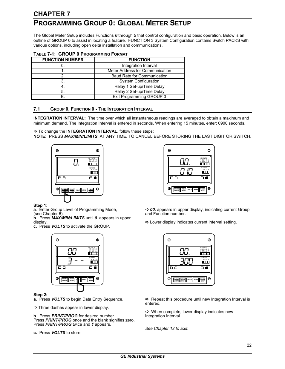 0 i0, Chapter 7, Rogramming | Roup, Lobal, Eter, Etup, 1: group 0 p, 0, f, 0 - t | GE EPM 3000P User Manual | Page 27 / 46