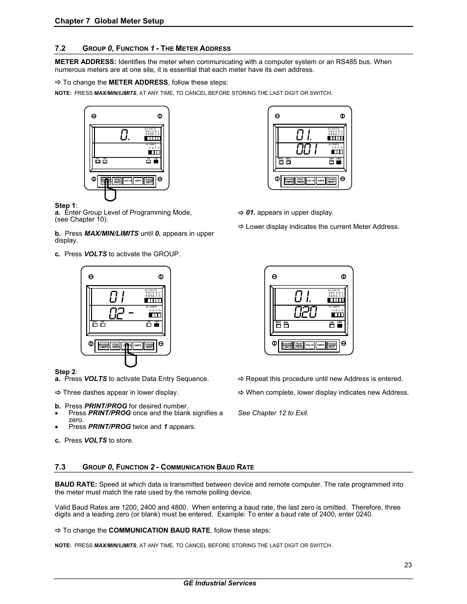 00 i, Chapter 7 global meter setup, 0 , f | Öto change the meter address , follow these steps, Öthree dashes appear in lower display, Ge industrial services 23 | GE EPM 3000P User Manual | Page 28 / 46