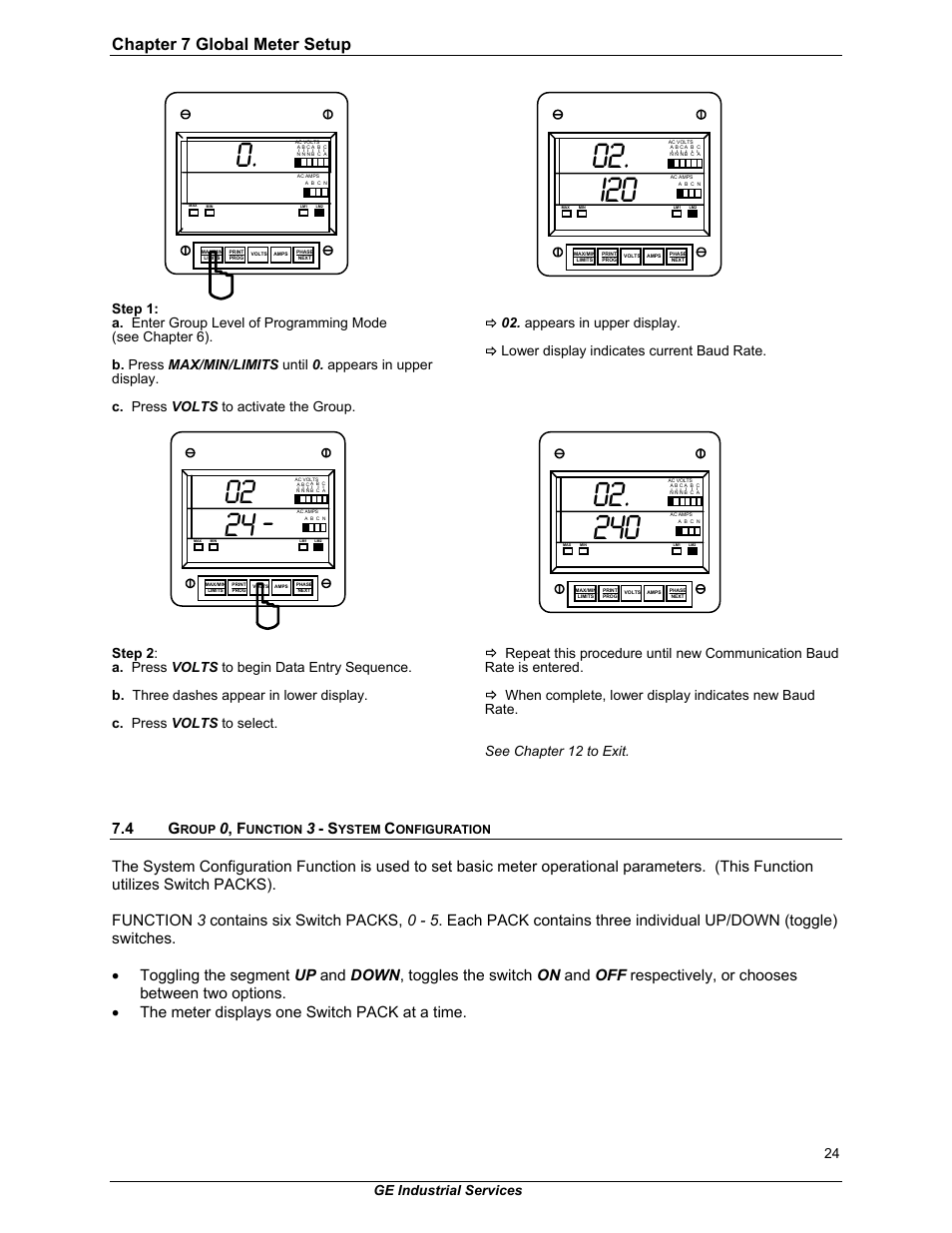 Chapter 7 global meter setup, 0 , f, Ge industrial services 24 | GE EPM 3000P User Manual | Page 29 / 46