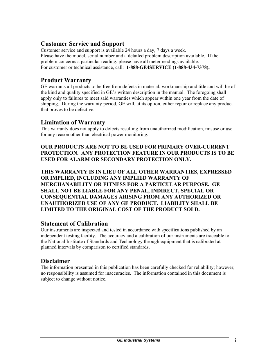 Customer service and support, Product warranty, Limitation of warranty | Statement of calibration, Disclaimer | GE EPM 3000P User Manual | Page 3 / 46
