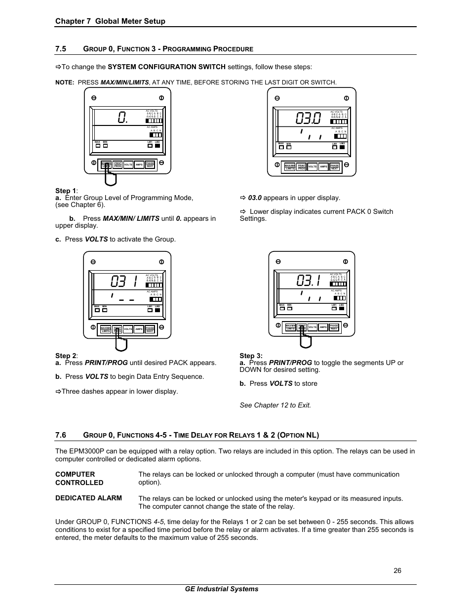 03 i, Chapter 7 global meter setup, 0, f | 3 - p, 5 - t, 1 & 2 (o, Must have communication option), Ge industrial systems | GE EPM 3000P User Manual | Page 31 / 46